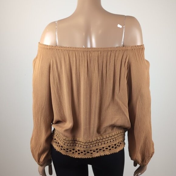 3/$20 Ardene Boho Peasant Top Off Shoulder Long Sleeve Tan Crochet Trim Blouse - Picture 7 of 12